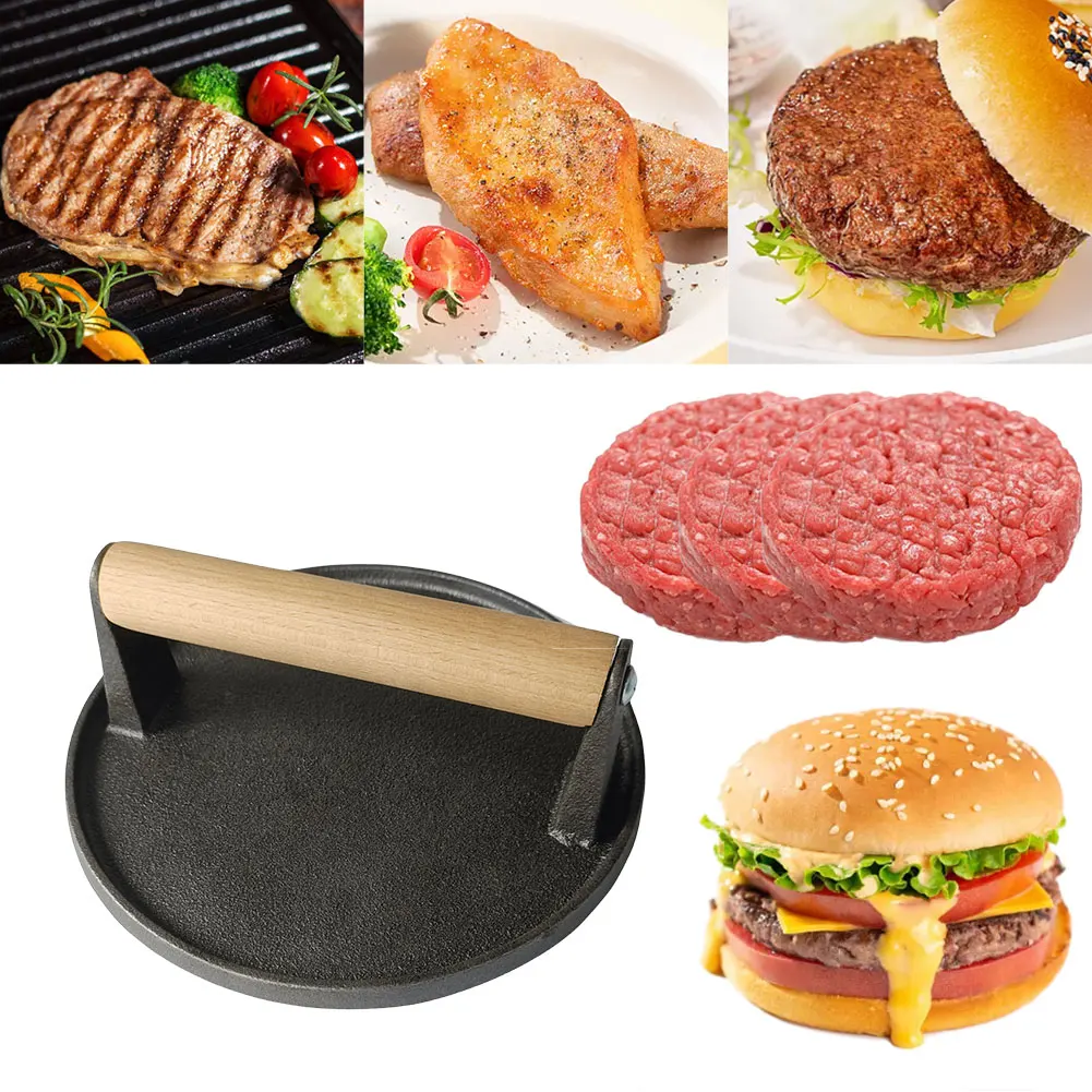 Kitchen Heavy Cast Flat Iron Steak Weight/Bacon Press with Wooden Handle Heavy-Weight Grill Press Commercial Grade Burger burger press