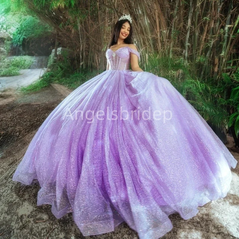 Angelsbridep Sparkly Tulle Lilac Off Shouler Ball Gown Quinceanera Dress Girls Evening Dresses Vestidos 15 A&ntilde;os Quincea&ntilde;era