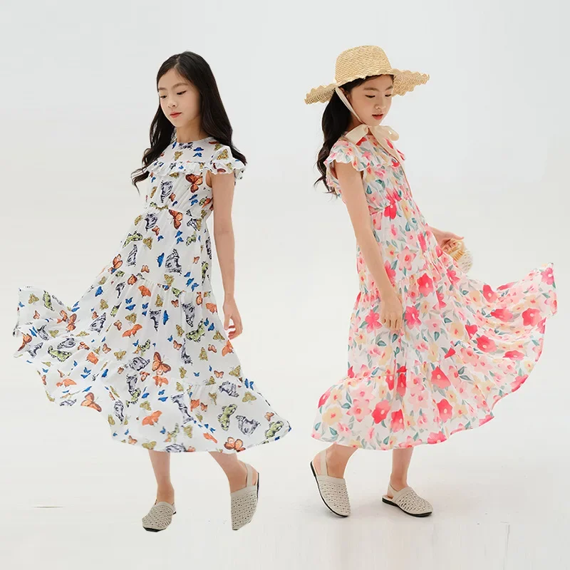 

Summer Girls New Dress Teenagers Beach Skirt Chiffon Floral Butterfly Lace Sleeve Clothes Children 6 8 10 12 14 16 Years