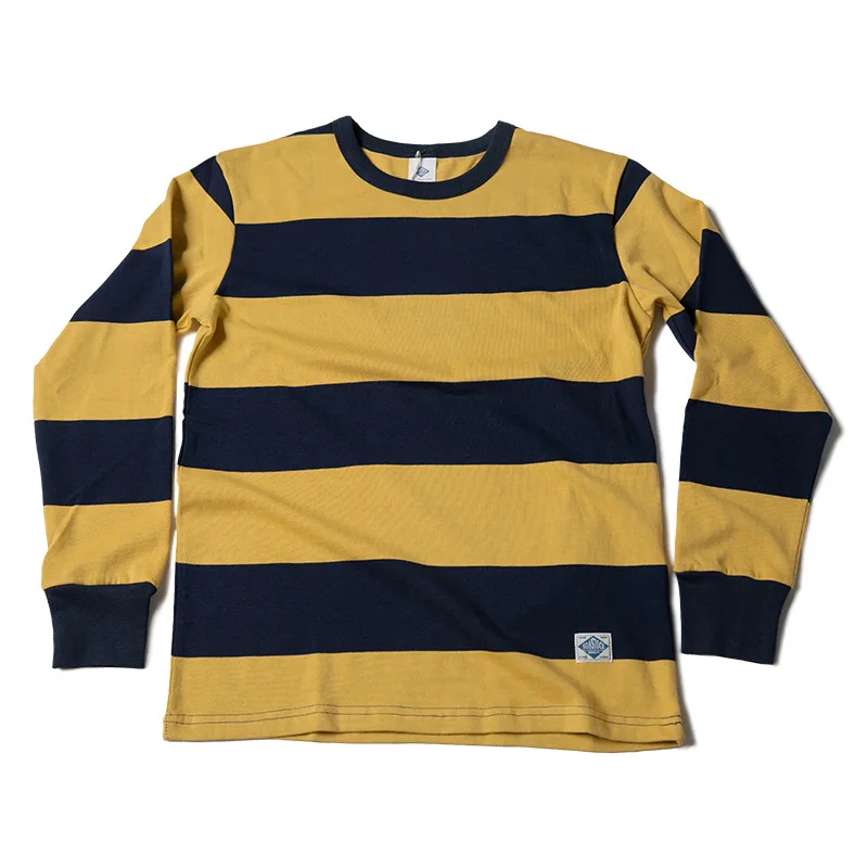 New Spring Men's Long Sve T-irt Heavyweight Yellow Blue Stripes Nautical Vintage Sle Cotton Casual round Ne Top