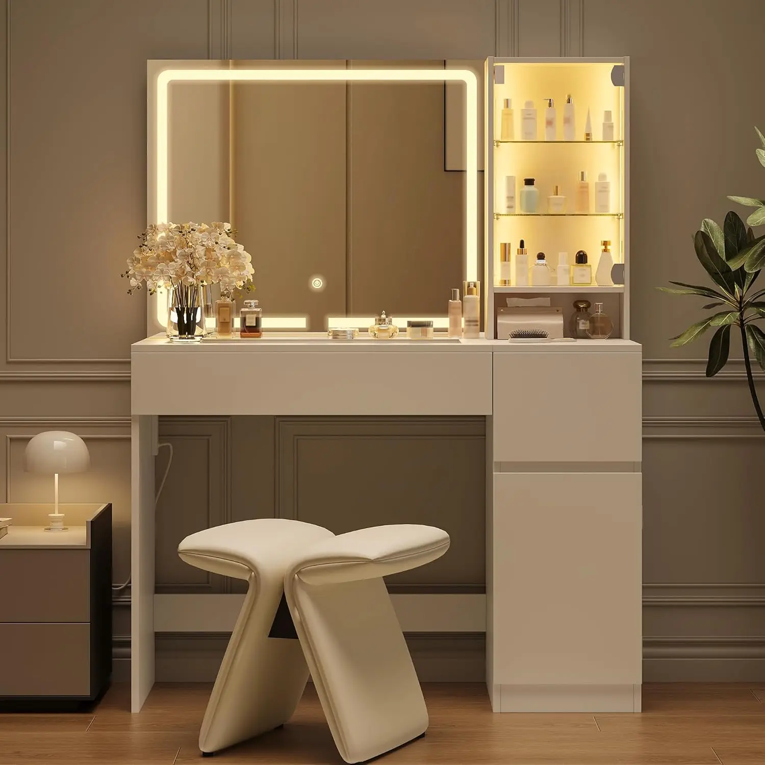 41" Vanity Desk with Power Outlet, Makeup Vanity with Mirror and Lights, 3 Lighting Modes, White Vanity Table with Glass Top