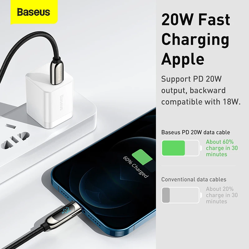 Baseus 20W PD USB C Cable Digital Display Fast Charging Data Cable Type-C to IP