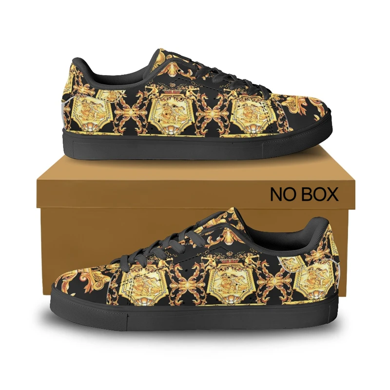 Noisydesigns Luxury Women's Flats Pu Leather Shoes Couple Golden Floral Sneakers Men Vintage Casual For Party Travel