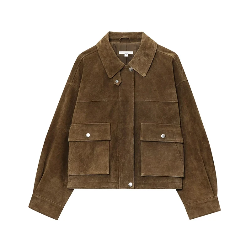 Veste bomber en similicuir pour femmes avec poches plaquées sur le devant, manches longues, fermeture éclair, manteau d'automne-hiver 2026, vêtement d'extérieur ample.