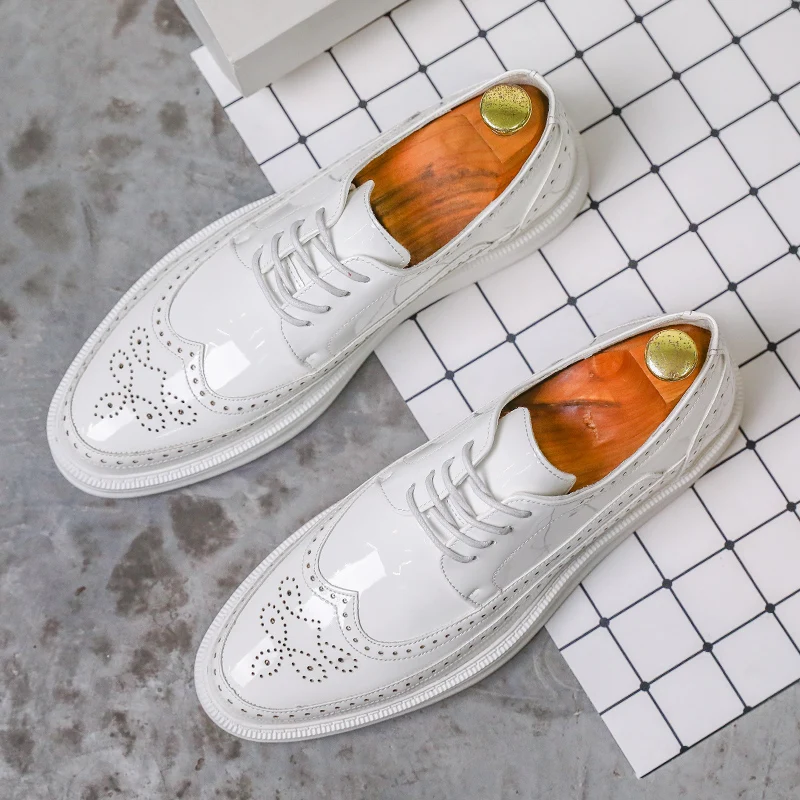 Men Derby Shoes White Dress Men Business Patent Leather Shoes Party Flat Classic Formal Fashion Leather Leisure