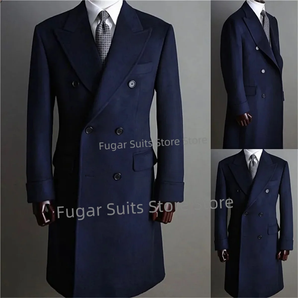 Office Work Navy Blue Long Suits For Men Slim Fit Peak Lapel Double Breasted Groom Tuxedos Prom Luxuly Male Blazer Costume Homme