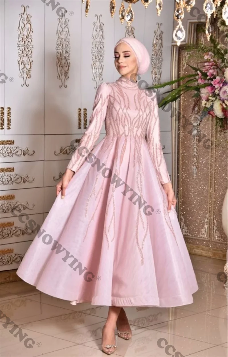 

Appliques Beaded Muslim Evening Dresses Islamic Organza Long Sleeve Hijab Formal Party Gown Arabic Dubai Women Robe De Soiree