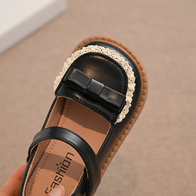 Children PU Leather Shoes Spring Girl Soft Anti-slip Princess Mary Janes Lace Bordered Fashion Baby Flats