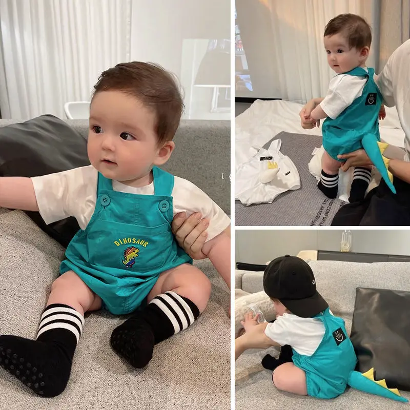 

Jenny&Dave Baby Triangle Romper Baby Summer Thin Short Sleeve Vest Wrapped with Butt Creeper Pure Cotton Dinosaur Strap Out Hold