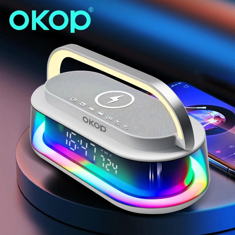 OKOP Altoparlante Bluetooth da 15 W con ricarica wireless, sveglia da tavolo, luce ambientale RGB, USB, TF, AUX e subwoofer._voghion.com