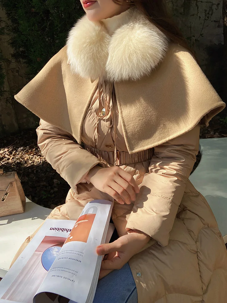Elegant Fox Fur Collar Detachable Cloak Waist Slimming Down Jacket Women 2023 Winter New Office Lady Vintage Puffer Coats