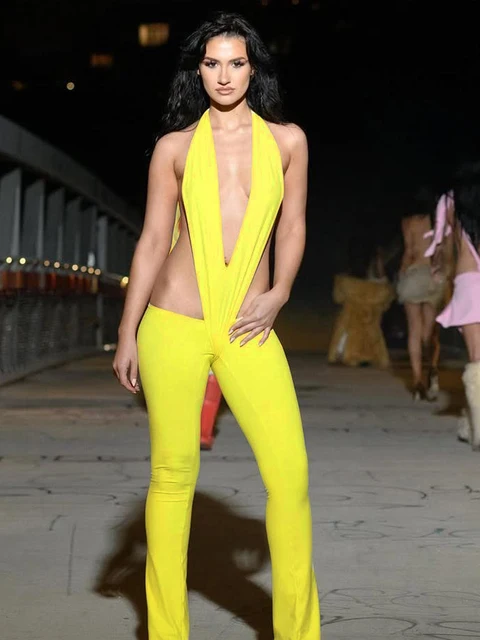 kliou Waistless Stunning Women Jumpsuits Hipster Solid Deep V-neck Backless Skinny Chic Cut Out Overalls Mujer Midnight Clubwear