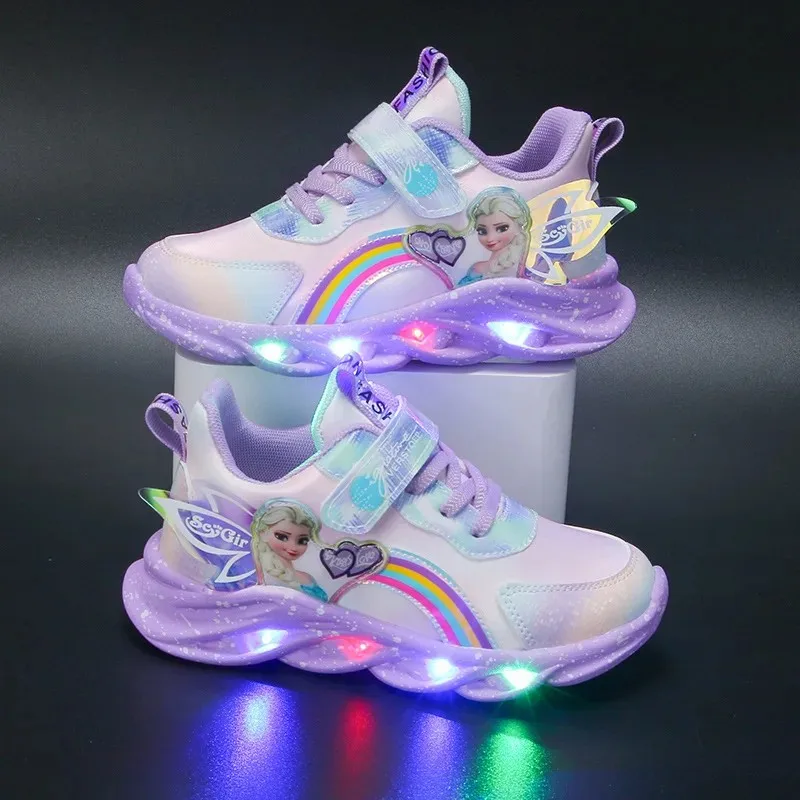 Zapatos informales de Disney para niña, zapatillas deportivas de malla transpirables con luces Led, princesa Elsa, color rosa y morado, talla de zapatillas 22-35