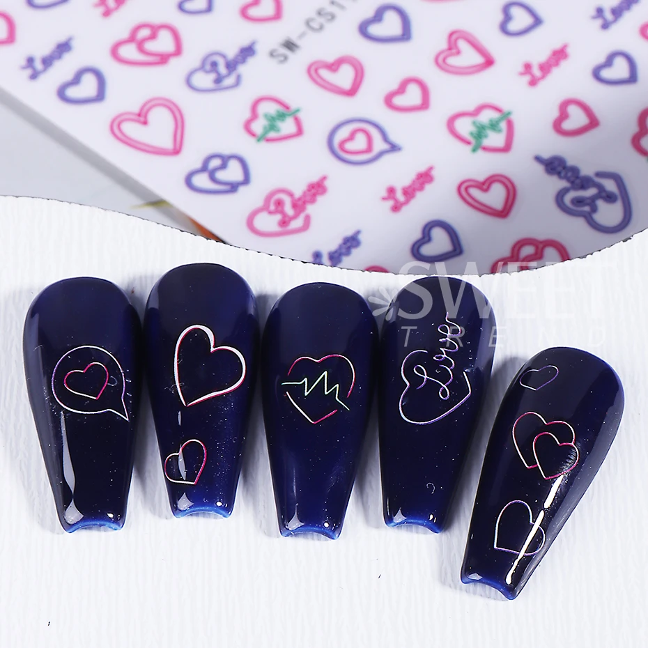 3pcs Cartoon Heart Nail Stickers Colorful Gradient Dripping Love Heartbeat Adhesive Nail Decals DIY Valentine's Manicure Decor