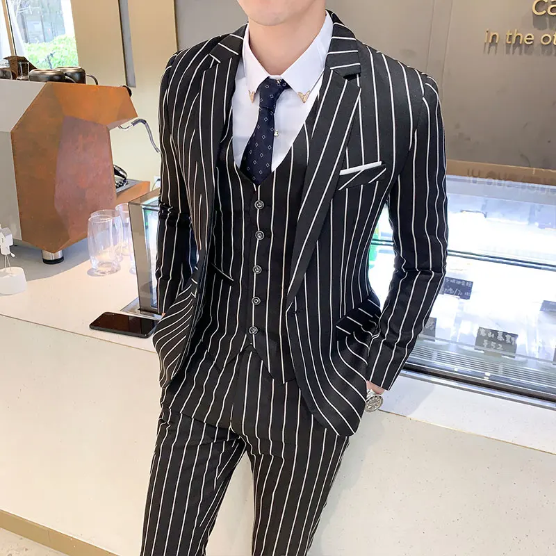 

3 Pcs Suit Set / Men Slim Fit High Quality Business Formal Groomsmen Casual Tuxedo Striped Wedding Dress Blazers Coat Pants Vest