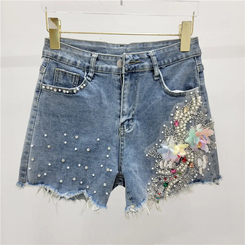 Summer Heavy Industry Beads Three-Dimensional Flower Hot Pants High Waist Loose Elastic Wide-Leg Denim Shorts Women Clothing