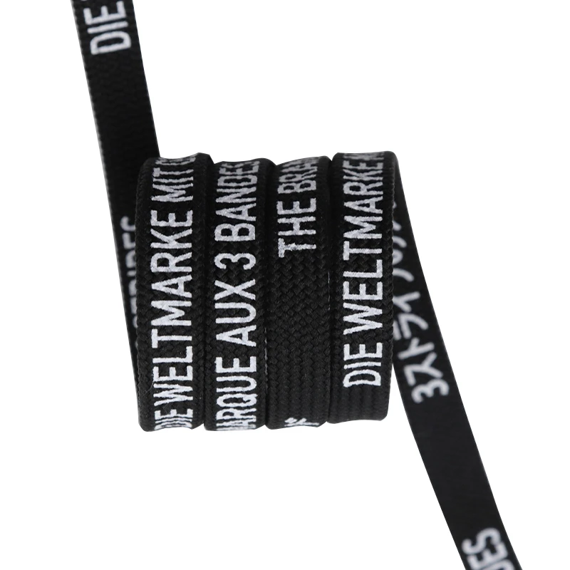 Weiou Outside Sport Shoelaces 0.7cm Flat Printed Alphabetic Black And White Polyester Shoestring Support Custom Logo Color 200cm