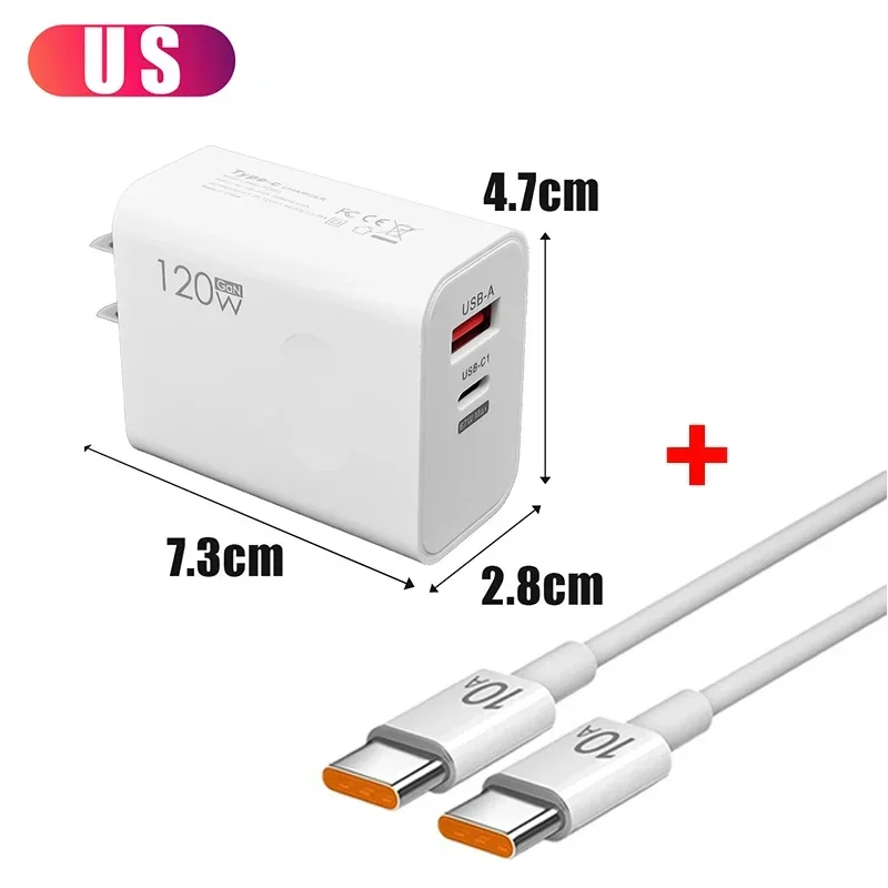 ตัวเลือกสินค้า อะแดปเตอร์ชาร์จเร็ว 120W พร้อมสาย USB Type C PD รองรับการชาร์จเร็ว สำหรับ iPhone 17 16 15 Pro Xiaomi Samsung Oneplus Huawei