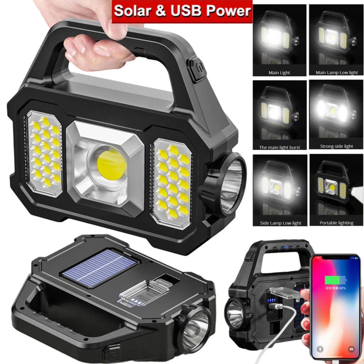 

500LM USB Rechargeable Flashlight Waterproof 6 Gear COB/LED Torch Light Portable Powerful Lantern Solar Light for Camping Hiking