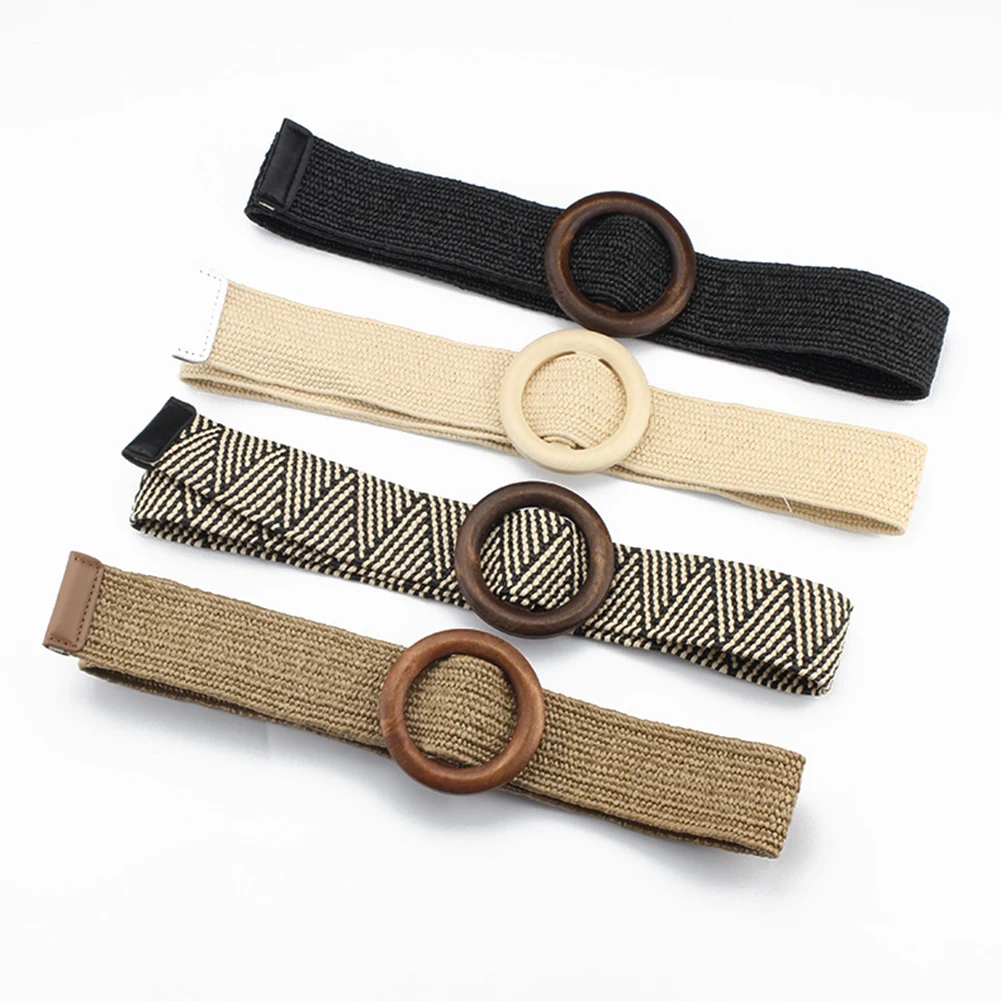Fashion Design Round Wooden Buckle Dress Belt For Women Casual Braided Wide Strap Woven Elastic PP Straw Belts Decoration Gift