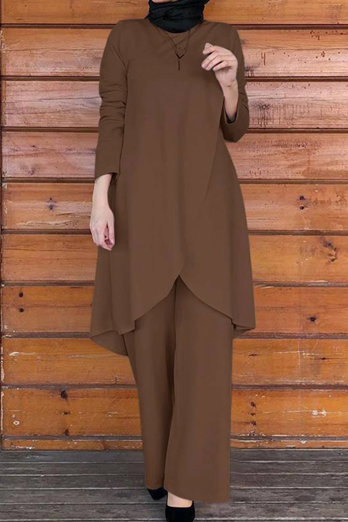 Ensembles assortis pour femmes musulmanes, couleur unie, col rond, chemisier mi-long et pantalon ample, ensemble de 2 pièces 1