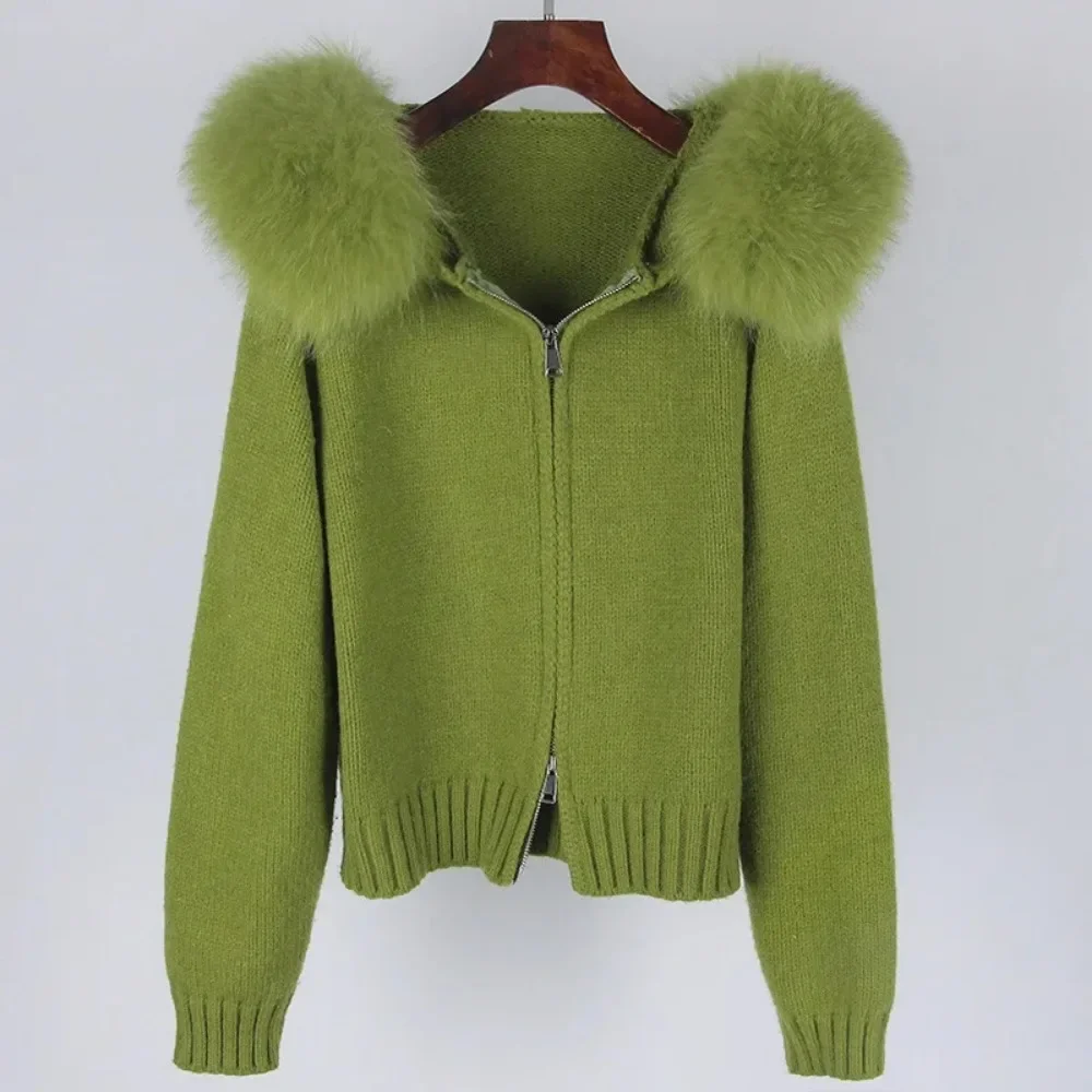 2024 Fashion Autumn Winter Casual Hooded Real Fox Fur Collar Fashion Short Knitted Jacket with Natural Fur Coat for Women 2