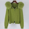 2024 Fashion Autumn Winter Casual Hooded Real Fox Fur Collar Fashion Short Knitted Jacket with Natural Fur Coat for Women 2