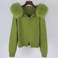 2024 Fashion Autumn Winter Casual Hooded Real Fox Fur Collar Fashion Short Knitted Jacket with Natural Fur Coat for Women 2