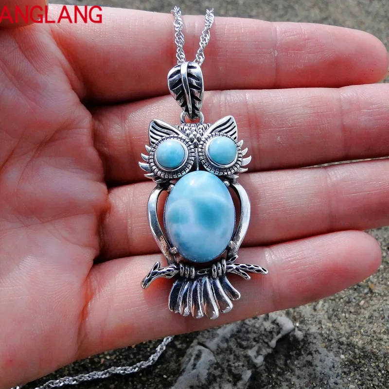 

ANGLANG New Trendy Pure S925 Silver Jewelry Natural Dominican Sea Stone/La Lima Cute Owl Fashion Woman Pendant