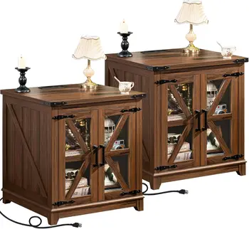 Farmhouse End Table with Charging Station Set 2, 24" Large Sofa Side Table with Glass Barn Door, Nightstand with Adjustable Stor