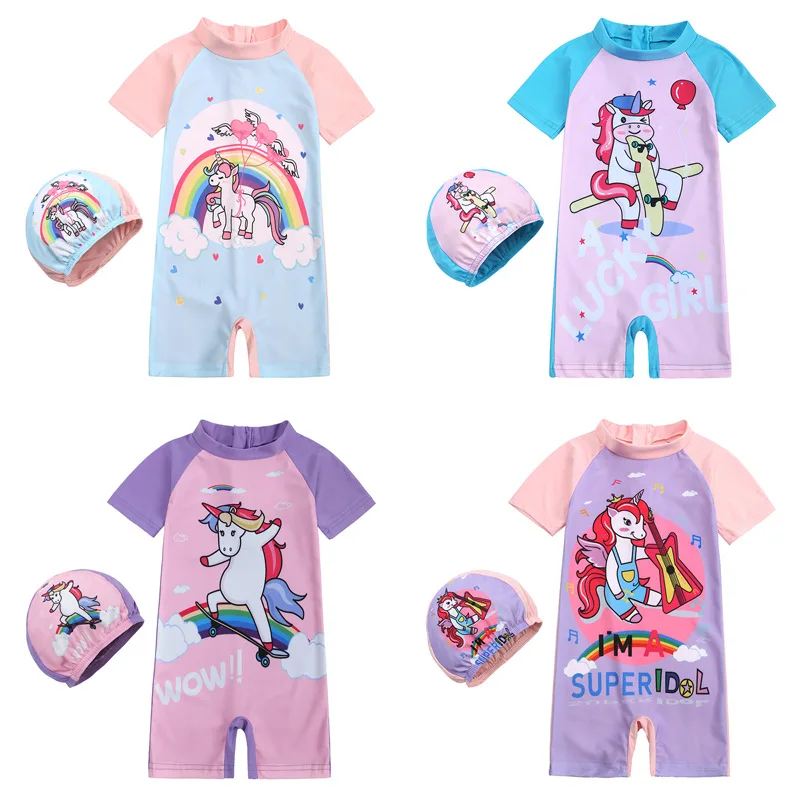 

2pcs/set Girls 1-8Y One Piece Swim Suit for Baby Infant Toddler Swim Surf Wear Children Kids Rainbow Unicorn Print With Cap