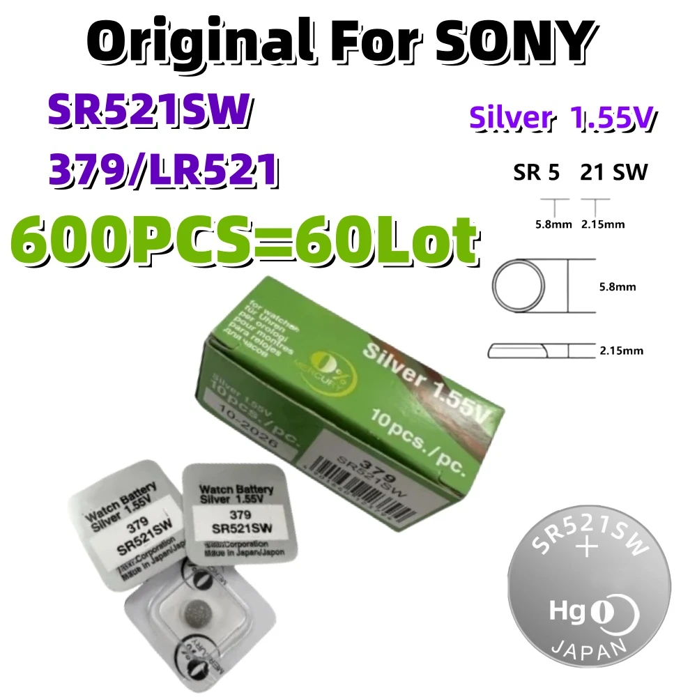 

600 шт. оригинальные батарейки для кнопок SONY LR521 SR521 SR521SW 379A 379 179 SR63 1,55 V