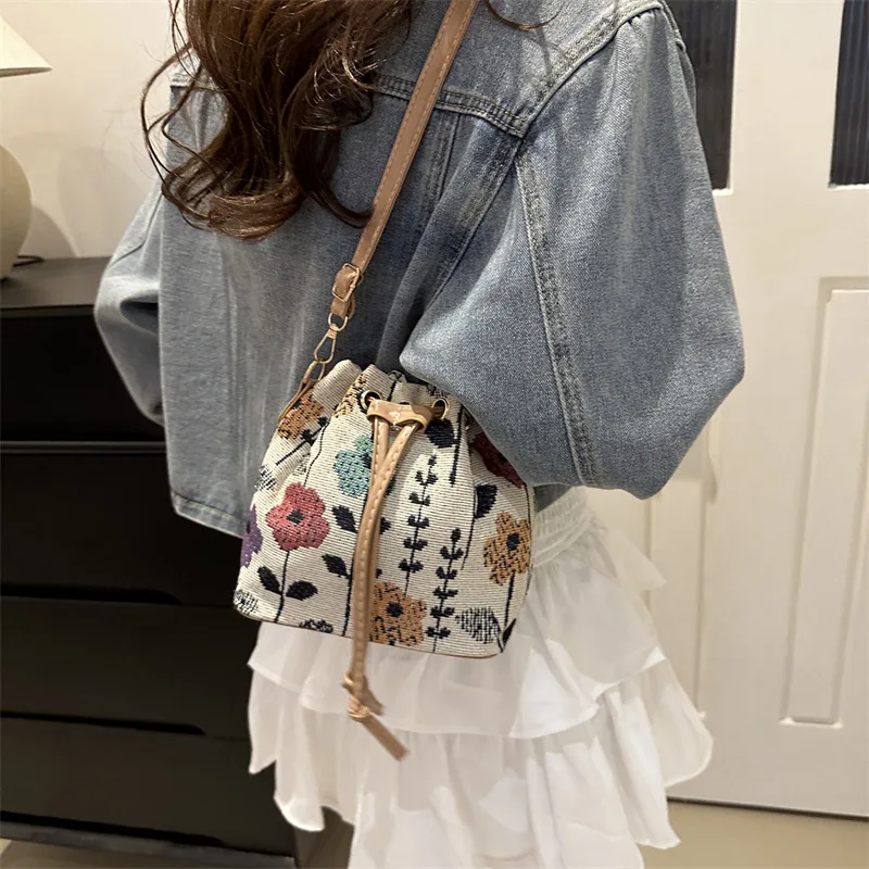 Women's White Bucket Bag with Vibrant Floral Pattern Adjustable Drawstring Closure Convertible Crossbody/Handbag for Women Bag