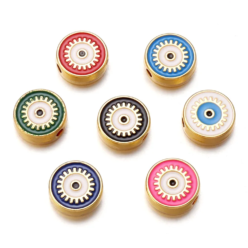

10Pcs Alloy Evil Eye Beads Flat Round Drip Oil Double-Sided Eye Ball DIY Jewelry Loose Spacer Bead Bracelets Making Hole 2.2mm