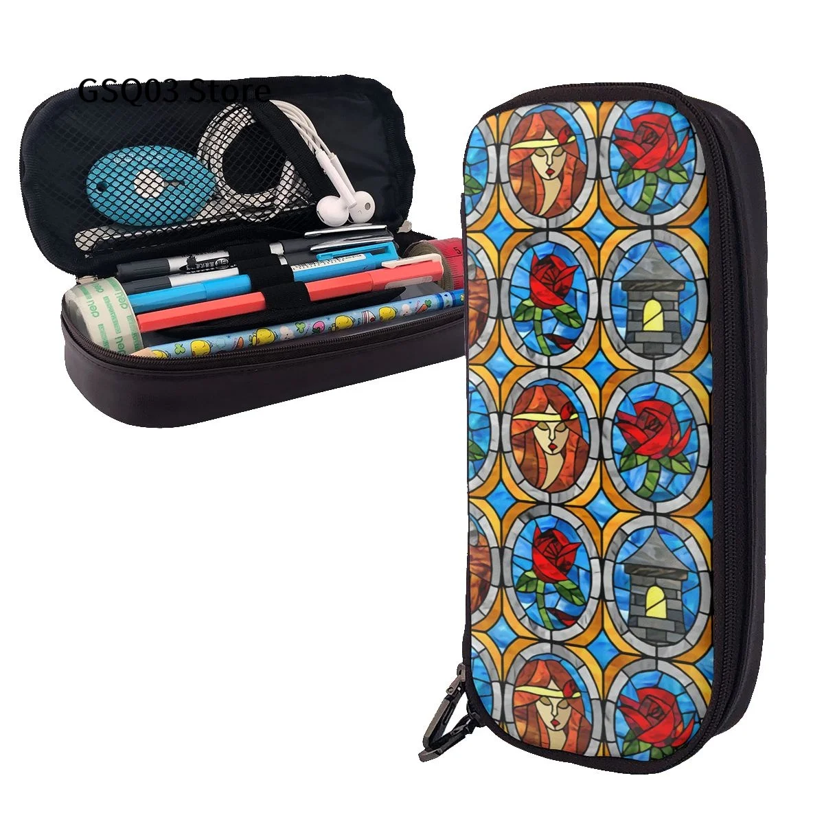 

Beauty And Beast Fairytale Glass Pencil Case, Leather Multi- Slot Pencil Pouch, Portable Pencil Bag, Pen Case for Office School
