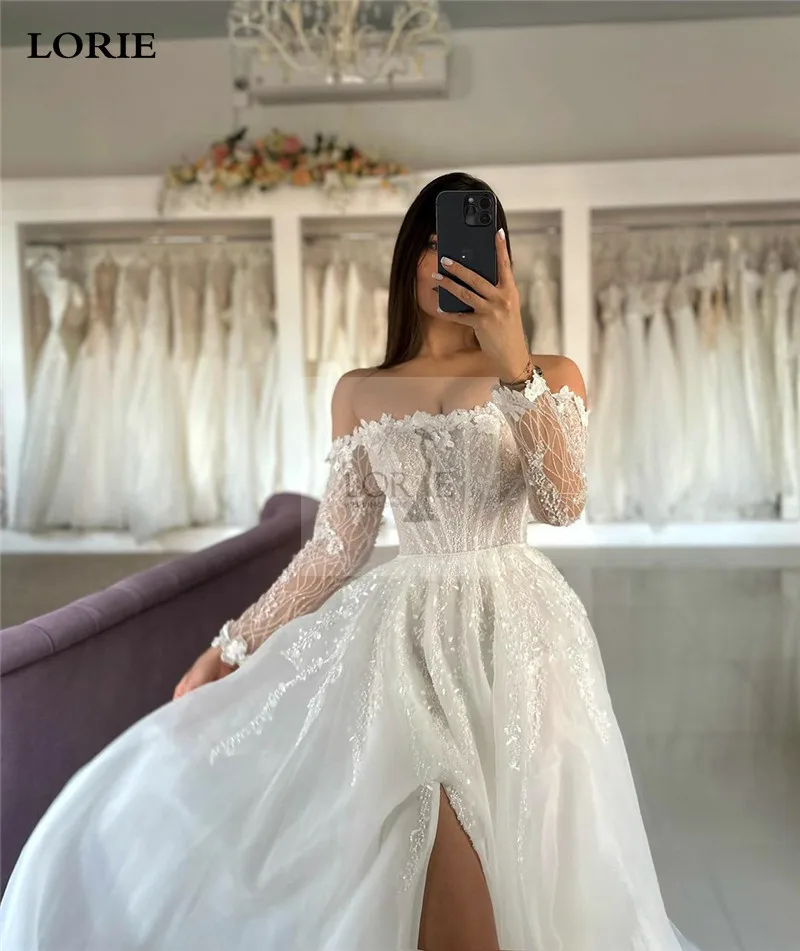 LORIE Organza Off The Shoulder Wedding Dress A Line Long Sleeve Lace Side Split Bride Dresses Elegant Wedding Gowns Customized 3