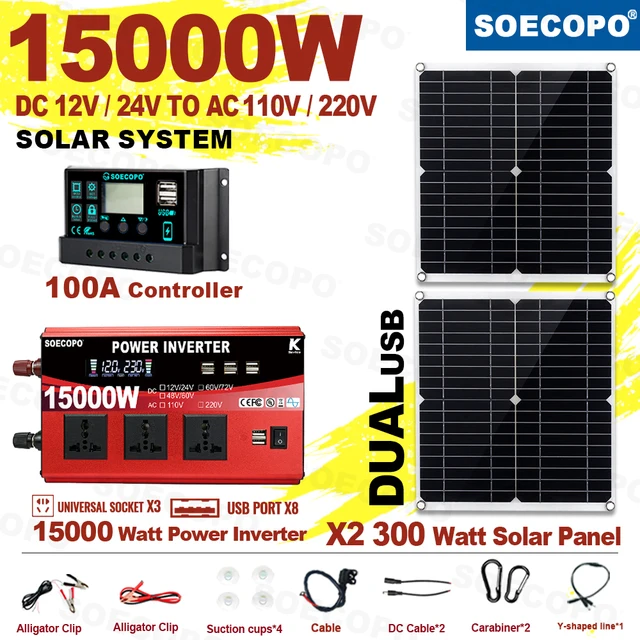 SOECOPO – Kit complet de système 15000W, panneaux solaires 2x300W, onduleur DC 110V/220V et contrôleur 100A pour centrale électrique de balcon domestique 1