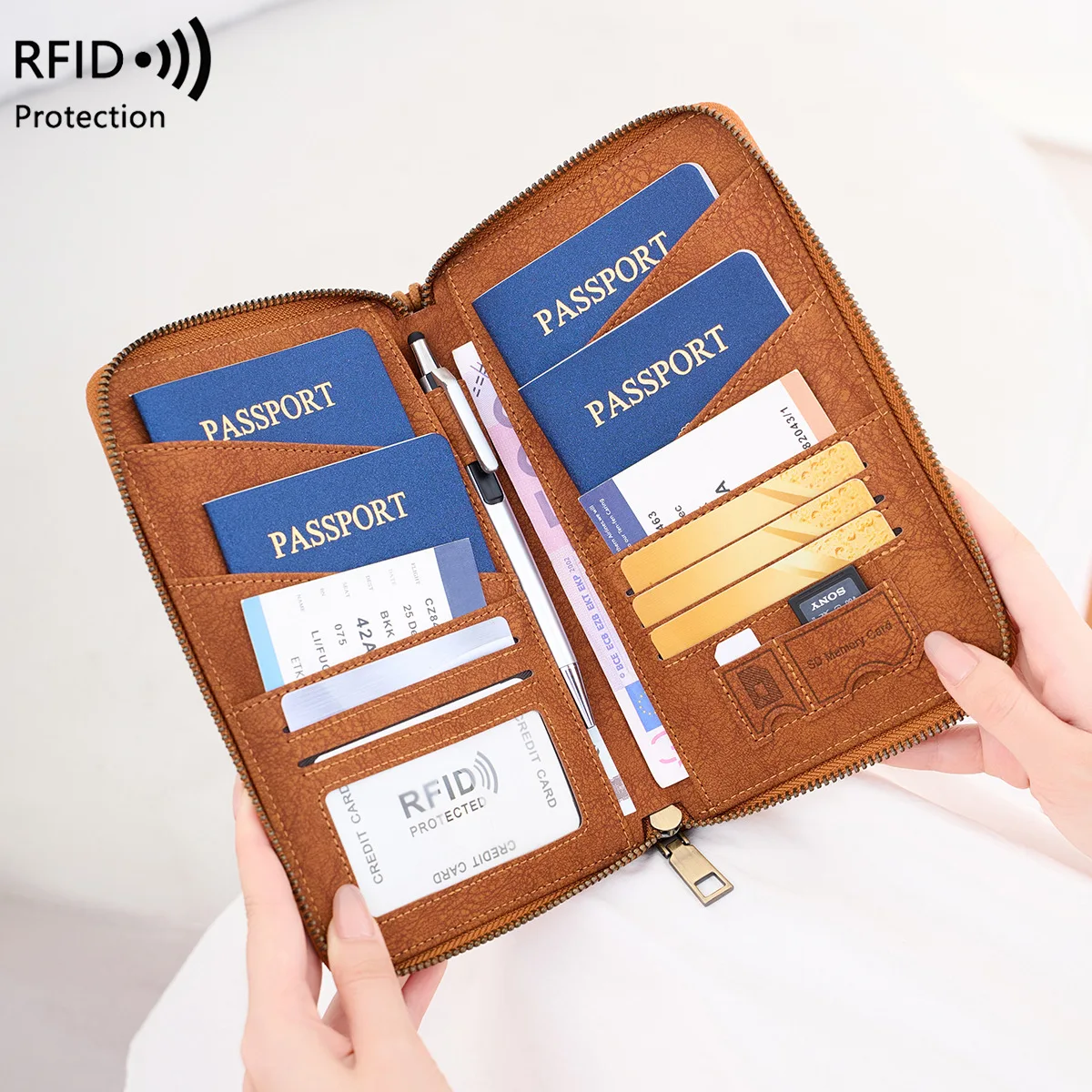 Multi-Functional RFID Blocking Passport Bag Travel Document Holder with Long Zipper Ticket Storage Wallet for Multiple Passports