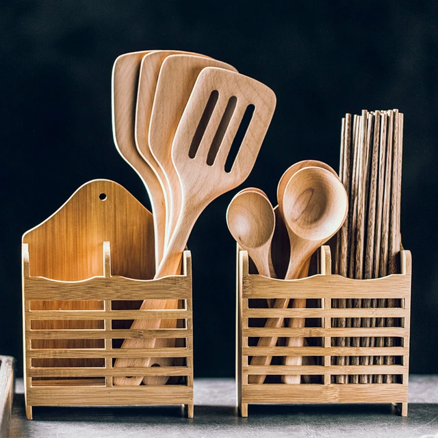  Organizador de cajones de cocina de bambú, soporte para  utensilios de cocina y bandeja de cubiertos con separadores ranurados (9  ranuras, marrón) : Hogar y Cocina