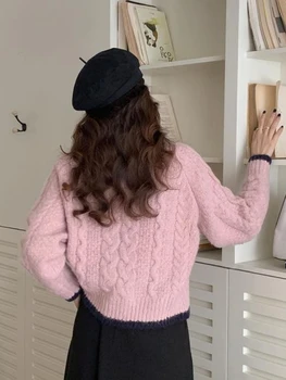 المرأة خمر محبوك المرقعة سترة مشغولة من الصوف الكورية Harajuku لينة الإناث بلايز الخريف الشتاء واحدة الصدر الحلو سترة 6