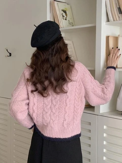 المرأة خمر محبوك المرقعة سترة مشغولة من الصوف الكورية Harajuku لينة الإناث بلايز الخريف الشتاء واحدة الصدر الحلو سترة 6