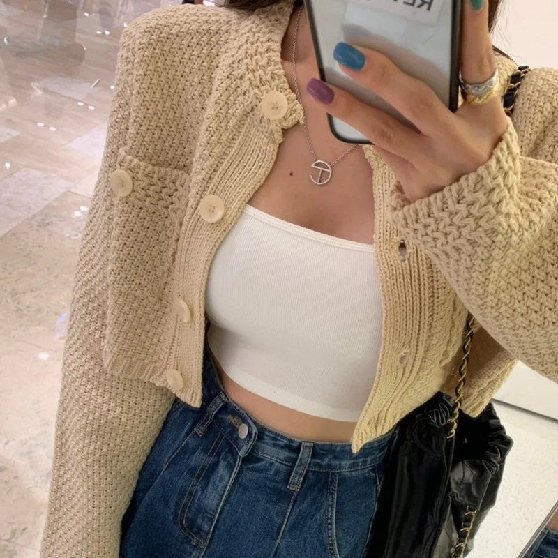 Small Solid Color Knitted Sweater Coat for Women