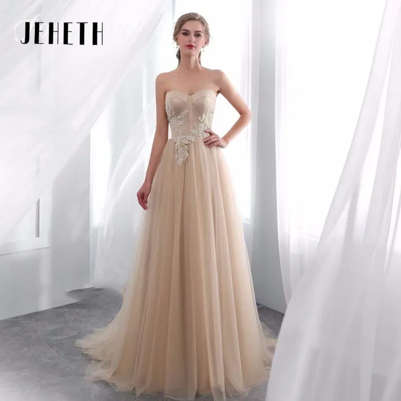 

JEHETH Lace Applique Prom Dresses For Women Sweetheart A-Line Strapless Backless Tulle Graduation Formal Party Gown Homecoming