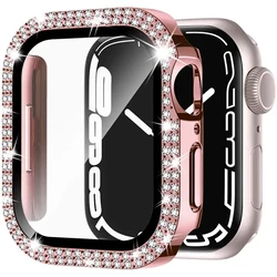 Luxury Bling Diamond Glass Cover for Apple Watch - Premium Bumper Protector with Crystal Rhinestones (Rose Pink)