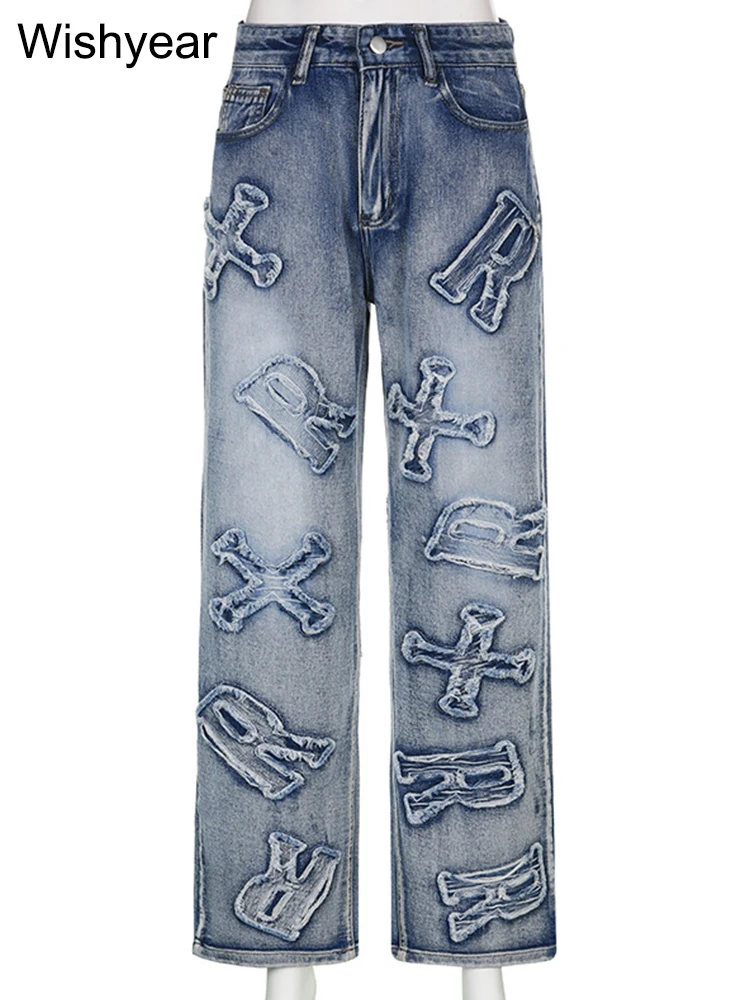 High Waist Letter Ripped Jeans Fashion Women Winter Straight Trousers Denim Baggy Pants Spring Ladies Y2K Streetwear Wholesale