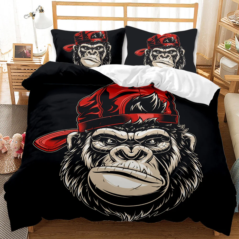 

Monkey Duvet Cover Gorilla Head Bedding Set Kids Teens Red Hat Comforter Cover Wild Animal Polyester Quilt Cover Queen Full Size