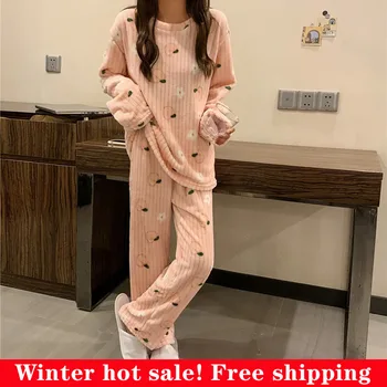 Sweet Pajamas Winter Coral Fleece Thickened Warm Cute Peach Clothes Two-Piece Crew Neck Sleeping Clothes