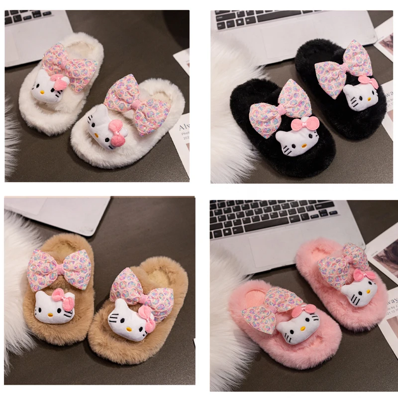 

2023New Kawaii Cartoon Autumn Winter Hellokittyed Slippers Cute Girls Bow Open Toe Soft Sole Outdoor Plush Cotton Slippers Pink