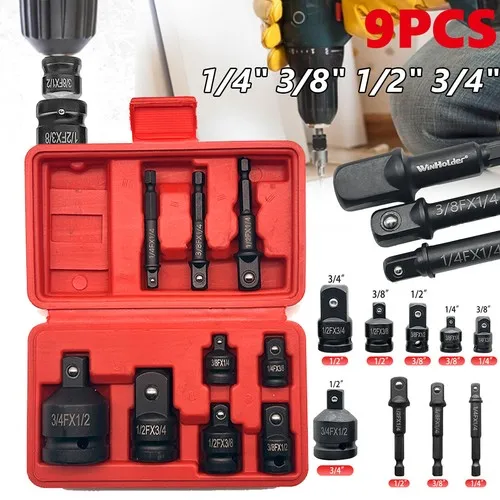 9pcs 1/4" Hex Shank Drill Extension Set (1/4", 3/8" and 1/2") and 1/4" 3/8" 1/2" 3/4"Drive Impact Socket Adapter and Reducer Set