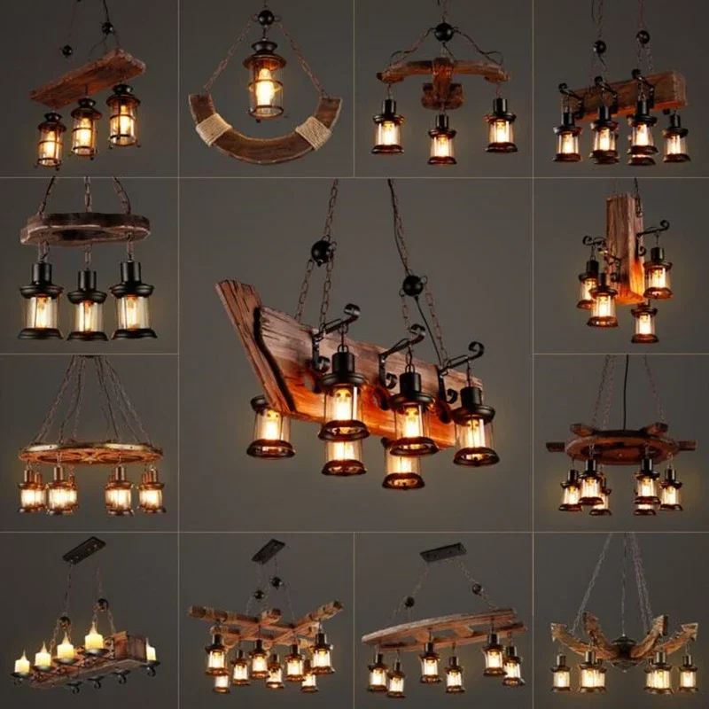 Retro Solid Wood Hanging chandelier LOFT Bar Vintage Industrial Old Boat wooden Suspension indoor Decor Lighting Luminaire